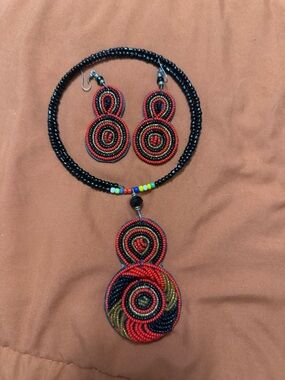 Hand Crafted Red and Black Beaded Necklace with Matching Earrings